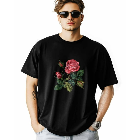 Men's T-Shirt Three Roses Flower Bud Green Leaf Plant Embroidery Style Short Sleeve Casual Tee Classic Crew Neck T-Shirt for Men, S