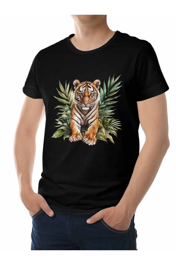 Men's T-Shirt,Tiger Animal Short Sleeve Crewneck Casual Tee Shirts,Black-XS