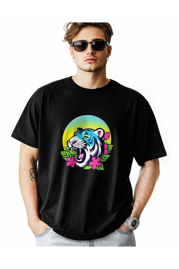 Men's T-Shirt Tiger Floral Leaf Cartoon Short Sleeve Casual Tee Classic Crew Neck T-Shirt for Men, XL