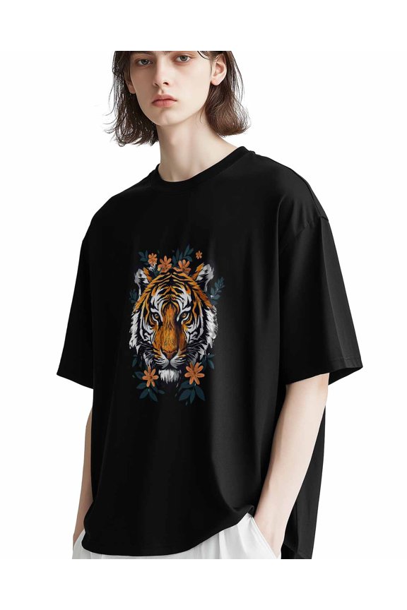 Men's T-Shirt,Tiger Flower Short Sleeve Crewneck Casual Tee Shirts,Black-M
