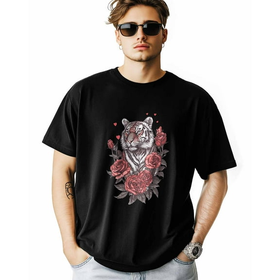 Men's T-Shirt Tiger with Red Roses Flower Short Sleeve Casual Tee Classic Crew Neck T-Shirt for Men, XL