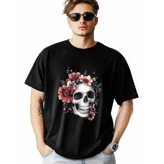 Men's T-Shirt Vintage Abstract Skull Red Flowers Short Sleeve Casual Tee Classic Crew Neck T-Shirt for Men, L