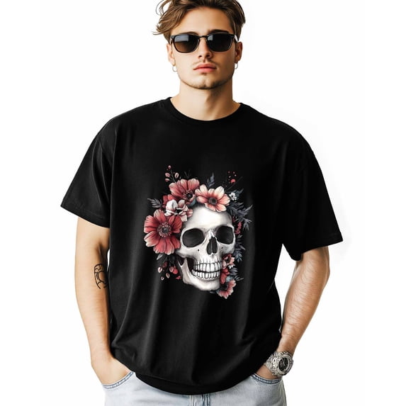 Men's T-Shirt Vintage Abstract Skull Red Flowers Short Sleeve Casual Tee Classic Crew Neck T-Shirt for Men, M