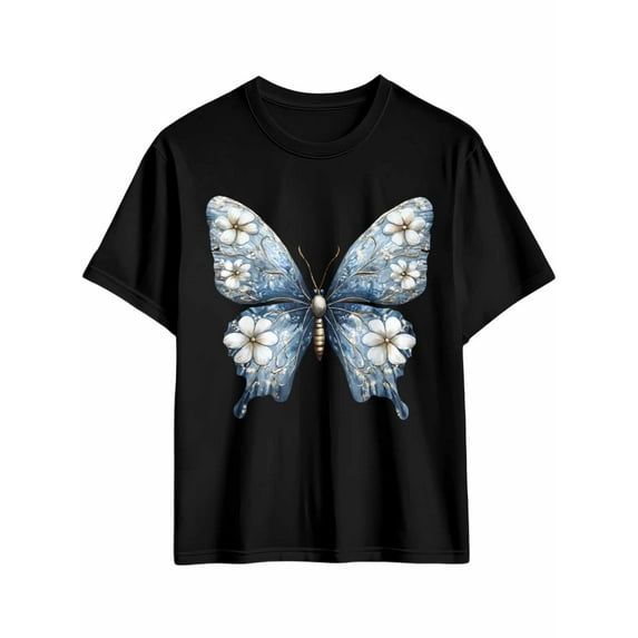 Men's T-Shirt Vintage Blue Butterfly Wings White Floral Short Sleeve Casual Tee Classic Crew Neck T-Shirt for Men, Black 4XL