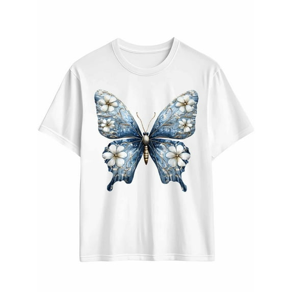 Men's T-Shirt Vintage Blue Butterfly Wings White Floral Short Sleeve Casual Tee Classic Crew Neck T-Shirt for Men, White XL