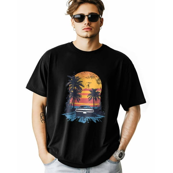 Men's T-Shirt Vintage Car Palm Tree Sunset Short Sleeve Casual Tee Classic Crew Neck T-Shirt for Men, M