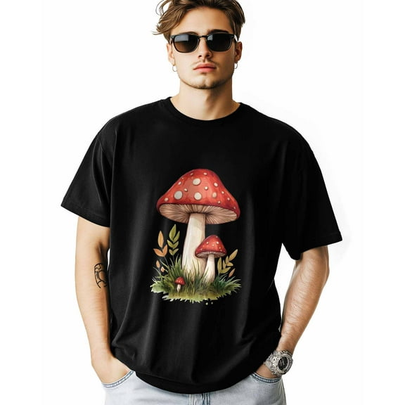 Men's T-Shirt Vintage Red Mushroom Leaves Short Sleeve Casual Tee Classic Crew Neck T-Shirt for Men, 3XL