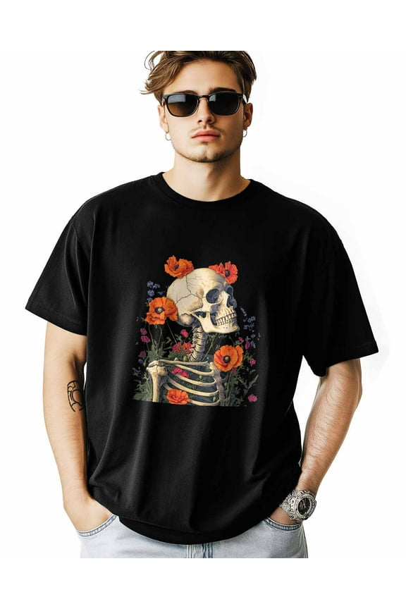 Men's T-Shirt Vintage Skull Poppy Human Skeleton Short Sleeve Casual Tee Classic Crew Neck T-Shirt for Men, 3XL