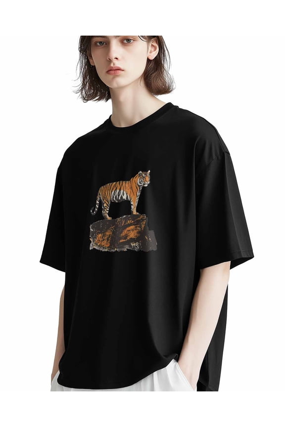 Men's T-Shirt,Watercolor Tiger Short Sleeve Crewneck Casual Tee Shirts,Black-M