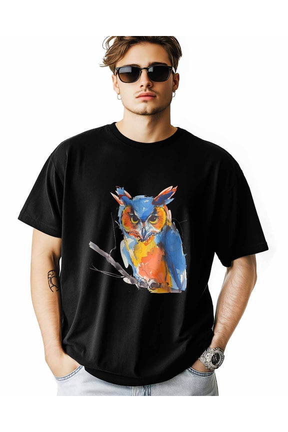 Men's T-Shirt Watercolor Yellow Owl Short Sleeve Casual Tee Classic Crew Neck T-Shirt for Men, XL