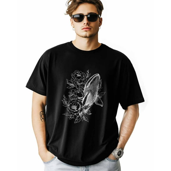 Men's T-Shirt Whale Animal Floral Line Art Short Sleeve Casual Tee Classic Crew Neck T-Shirt for Men, M