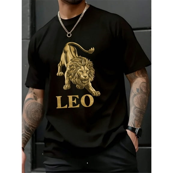 Men's T - Shirt With Leo Lion Pattern , Men's 220gsm New Summer Casual Crew Neck Pure Cotton Short-Sleeved T-Shirt(1 PC)