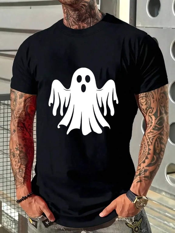 Men's T-Shirt With White Ghost Print - Halloween Party And Casual Wear Apparel