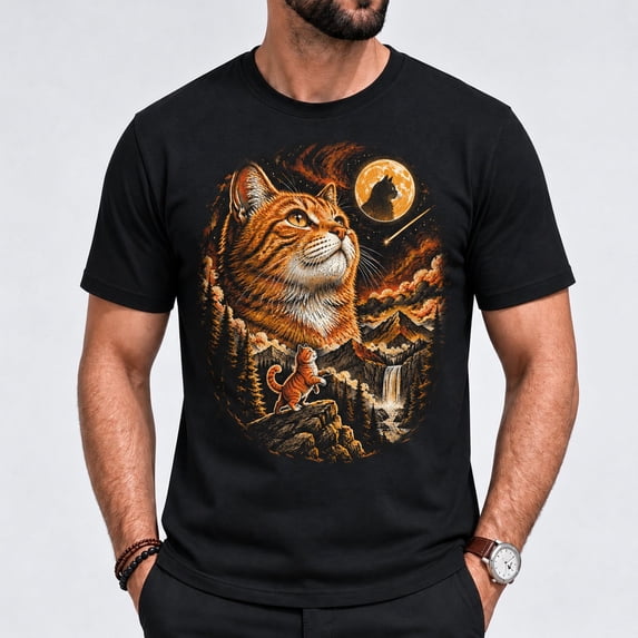 Men's T Shirt with Mystic Cat Moon Scene Graphic, Short Sleeved Casual ...