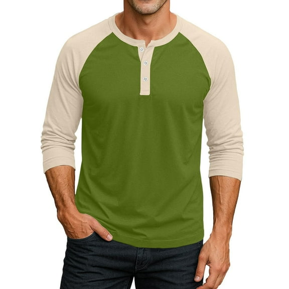 Men's T Shirts 3/4 Sleeve Button Henley Neck Color Block Pullover Tops Lightweight Classic Slim Fit Workout Basic Tees Z001-Green S