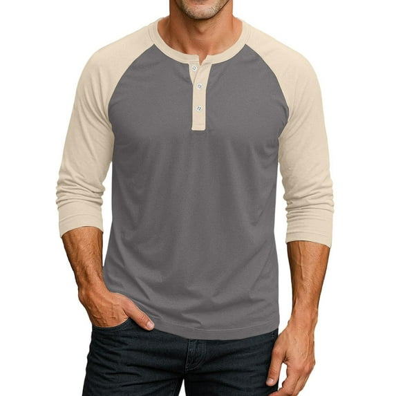 Men's T Shirts 3/4 Sleeve Button Henley Neck Color Block Pullover Tops Lightweight Classic Slim Fit Workout Basic Tees Z001-Grey 3XL