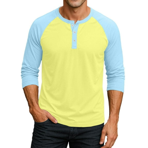 Men's T Shirts 3/4 Sleeve Button Henley Neck Color Block Pullover Tops Lightweight Classic Slim Fit Workout Basic Tees Z002-Light Yellow 3XL