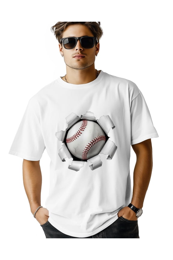 Men's T Shirts, 3D Effect Baseball Sports T-Shirt for Men Crew Neck Tees Cotton Tops, White, XS