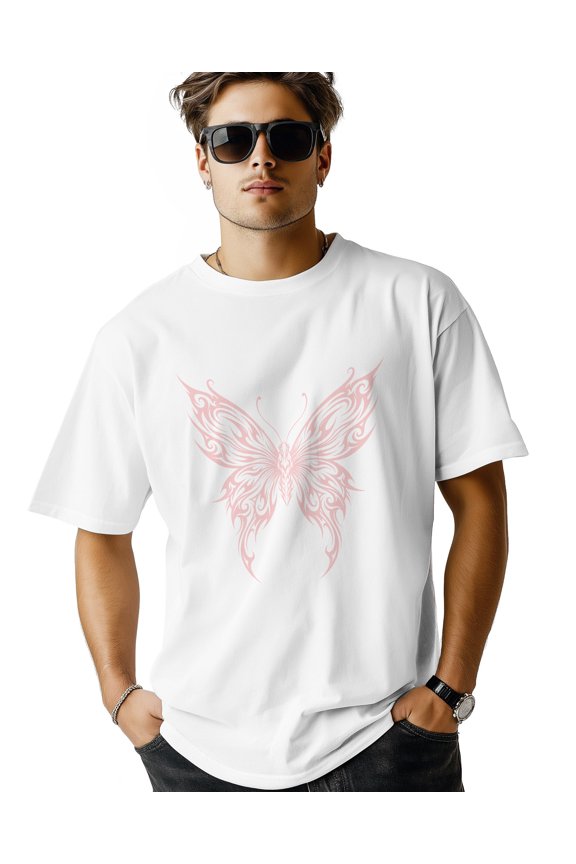 Men's T Shirts, Art Goth Light Pink Butterfly T-Shirt for Men Crew Neck Tees Cotton Tops, White, 5XL