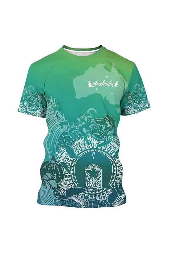 Men's T-Shirts Australia Map Sea Turtle Polynesian Tribal Graphic Print Crew Neck Short Sleeve Tee Casual Patriotic Summer Top for Men Sizes S-XXXXXL
