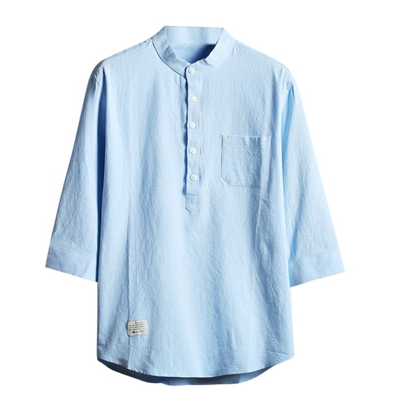 Men's T Shirts Banded Collar Loose Fit Long Sleeve Casual Button Down Shirts Casual Lightweight Cotton Beach Tops with Pocket