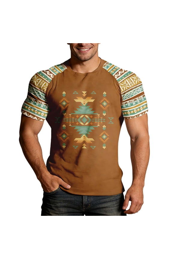 Men's T Shirts Casual Summer Western Aztec Print Short Sleeve Tops Basic Comfortable Camo Tees Shirts Coffee M