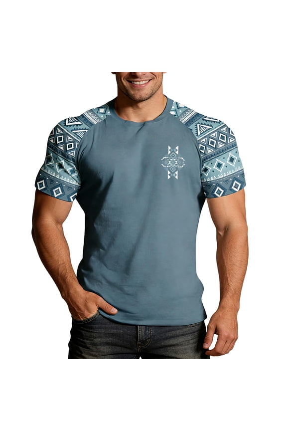 Men's T Shirts Casual Summer Western Aztec Print Short Sleeve Tops Basic Comfortable Tees Camo Shirts Light Blue XXXXXL
