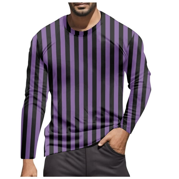 Men's T Shirts Crew Neck Casual Striped Color Blocked Long Sleeve Tees Stretchy Basic Trendy Fall Warm Men's Shirts Purple L
