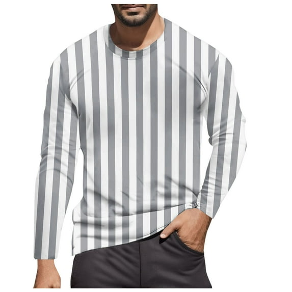 Men's T Shirts Crew Neck Casual Striped Color Blocked Long Sleeve Tees Stretchy Basic Trendy Fall Warm Mens Shirts Grey S