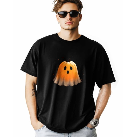 Men's T Shirts, Fall Orange Burqa Cartoon Ghost T-Shirt for Men Crew Neck Tees Cotton Tops, Black, L