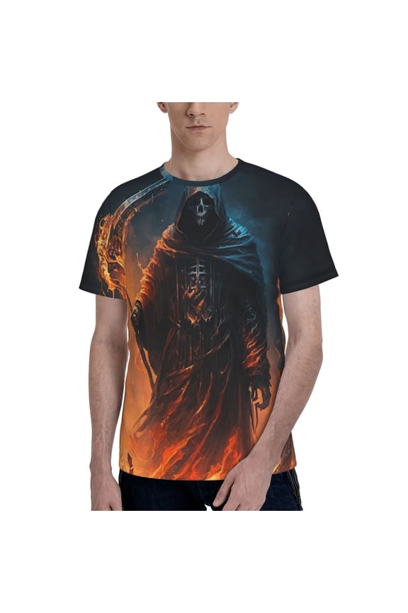 Men's T Shirts Fashion Casual Novelty Tee Graphic Top, Grim Reaper On Fire Cool Art