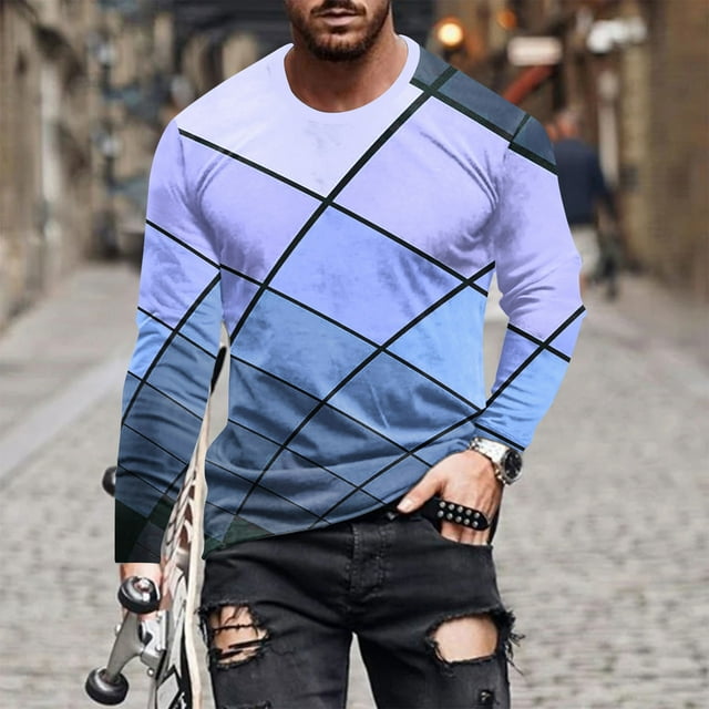 Men's T Shirts Fashion Color Block Tops Slim Fit Long Sleeve Shirt Round Neck 3D Digital Print Tee Lightweight Athletic Running Pullover Blouse