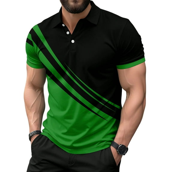Men's T Shirts Golf Color Block Comfortable Casual Short Sleeve Polo Shirts Soft Breathable Fit Button Up Collared Mens Shirts Green L