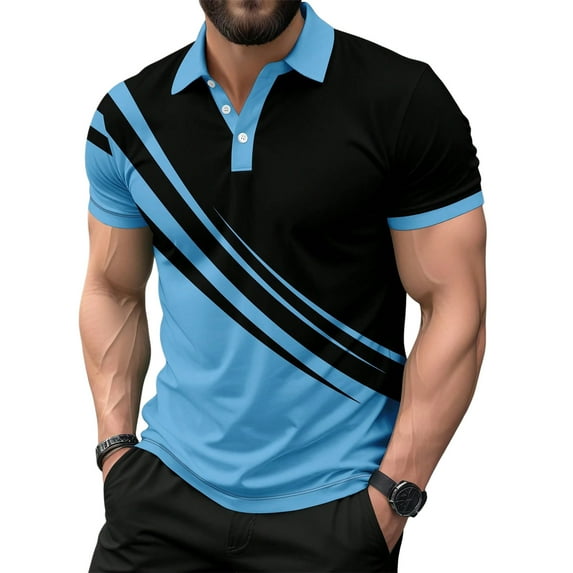 Men's T Shirts Golf Color Block Comfortable Casual Short Sleeve Polo Shirts Soft Breathable Fit Button Up Collared Mens Shirts Light Blue S