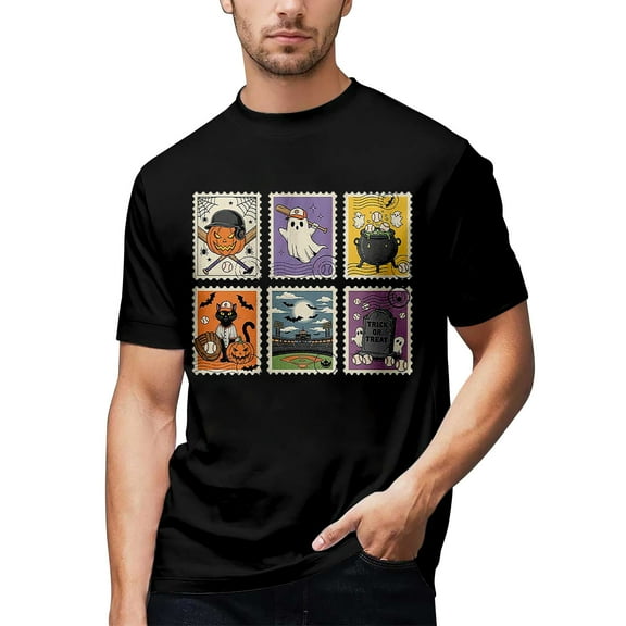 Men's T Shirts Halloween Casual Multi Cartoon Printing Short Sleeve Crew Neck Tees Comfortable Stretchy Loose Sports Summer Mens Shirts Black L