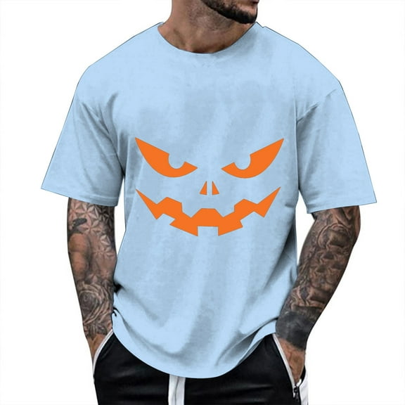 Men's T Shirts Halloween Classic Funny Pumpkin Face Printed Short Sleeve Crew Neck Tees Party Casual Fall Season Loose Fit Comfortable Mens Shirts Light Blue L