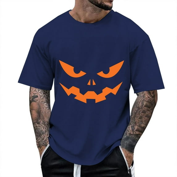 Men's T Shirts Halloween Classic Funny Pumpkin Face Printed Short Sleeve Crew Neck Tees Party Casual Fall Season Loose Fit Comfortable Mens Shirts Navy L