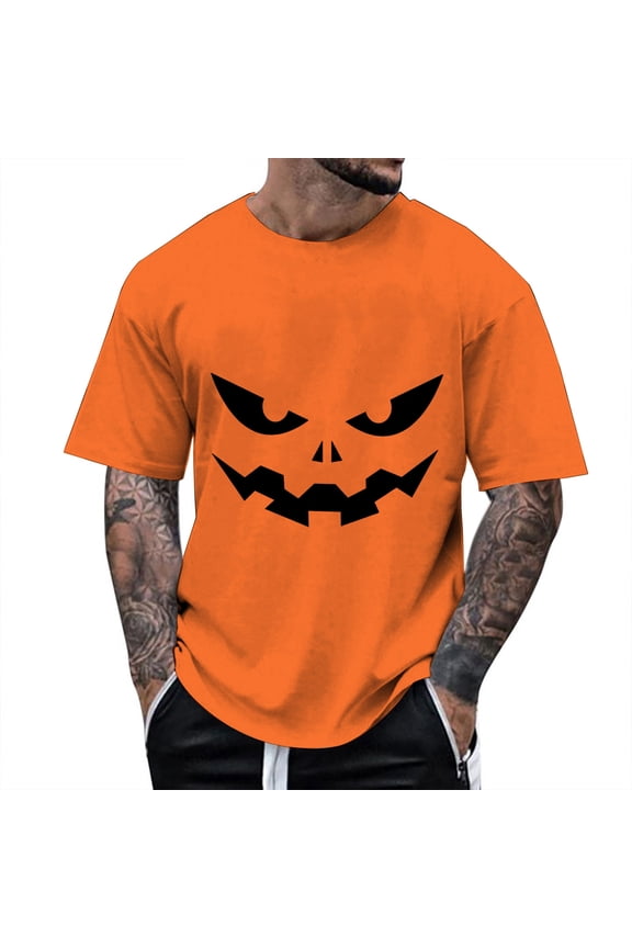 Men's T Shirts Halloween Classic Funny Pumpkin Face Printed Short Sleeve Crew Neck Tees Party Casual Fall Season Loose Fit Comfortable Shirts for Men Orange XL