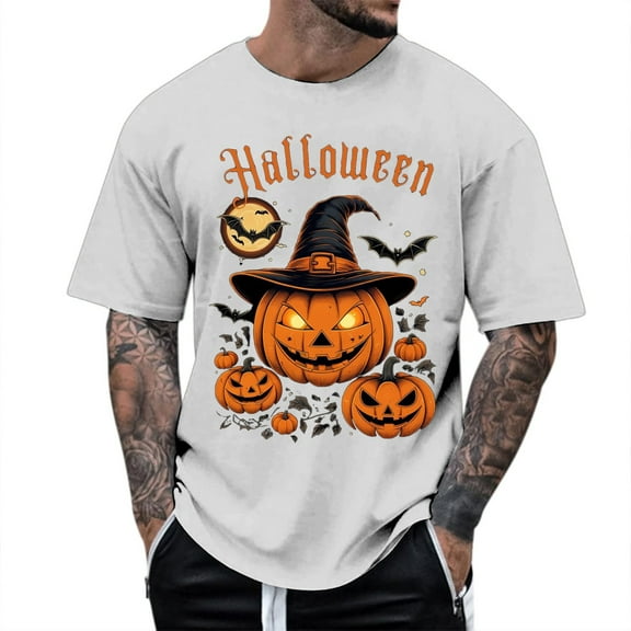 Men's T Shirts Halloween Funny Pumpkin Printed Casual Comfortable Short Sleeve Crew Neck Tees Sports Leisure Activities Lightweight Breathable Men's Shirts Grey S