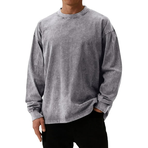 Men's T Shirts Long Sleeve Shirts for Men Vintage Acid Wash Comfort Colors Crewneck Sweatshirt, Gray L