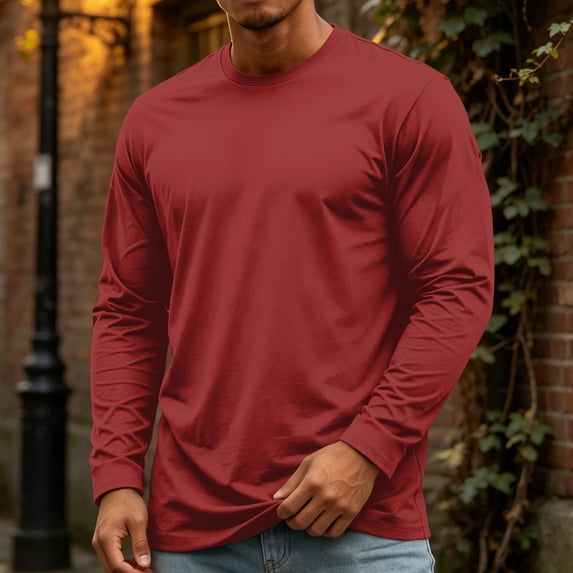 Men's T-Shirts Long Sleeve Solid Color Top Cotton Crew Neck Soft Breathable Tee Shirt, 3XL