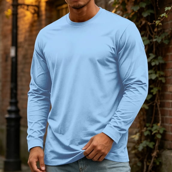 Men's T-Shirts Long Sleeve Solid Color Top Cotton Crew Neck Soft Breathable Tee Shirt, M