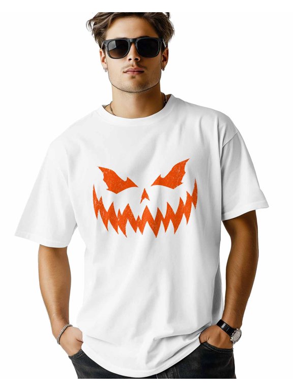 Men's T Shirts, Minimalist Orange Evil Face T-Shirt for Men Crew Neck Tees Cotton Tops, White, XS