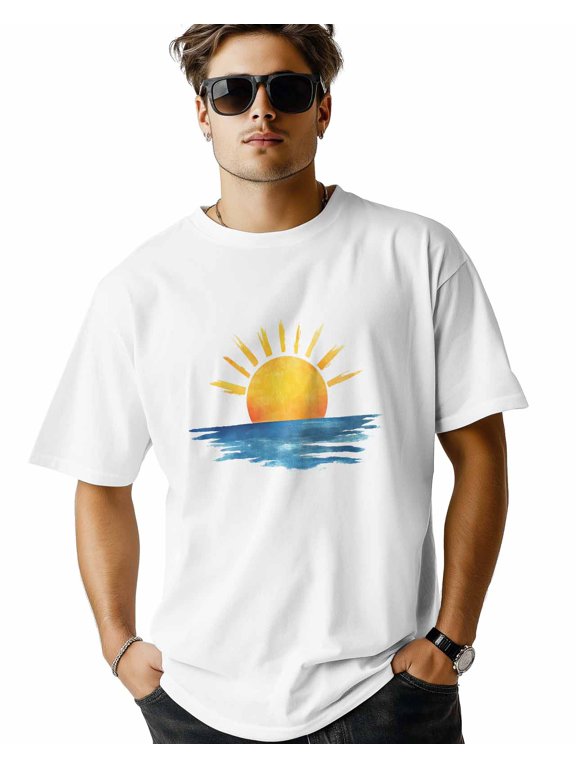 Men's T Shirts, Orange Blue Sunset Ocean Wave T-Shirt for Men Crew Neck Tees Cotton Tops, White, XS