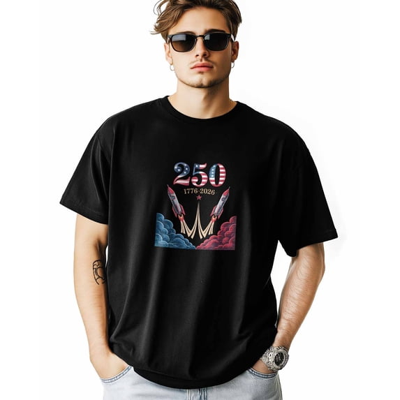 Men's T Shirts, Retro Red Blue Rockets Stars Cloud T-Shirt for Men Crew Neck Tees Cotton Tops, Black, 2XL