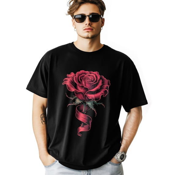 Men's T Shirts, Romantic Dark Red Ribbon Rose Floral T-Shirt for Men Crew Neck Tees Cotton Tops, Black, M