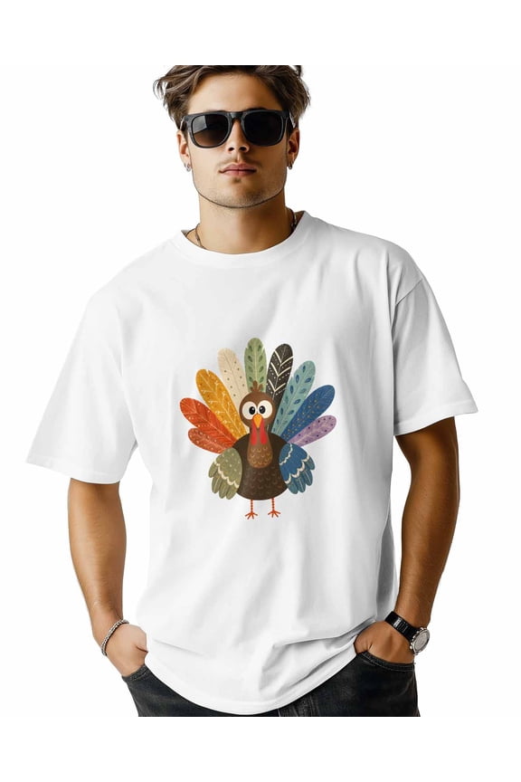 Men's T Shirts, Rustic Brown Cartoon Turkey T-Shirt for Men Crew Neck Tees Cotton Tops, White, M