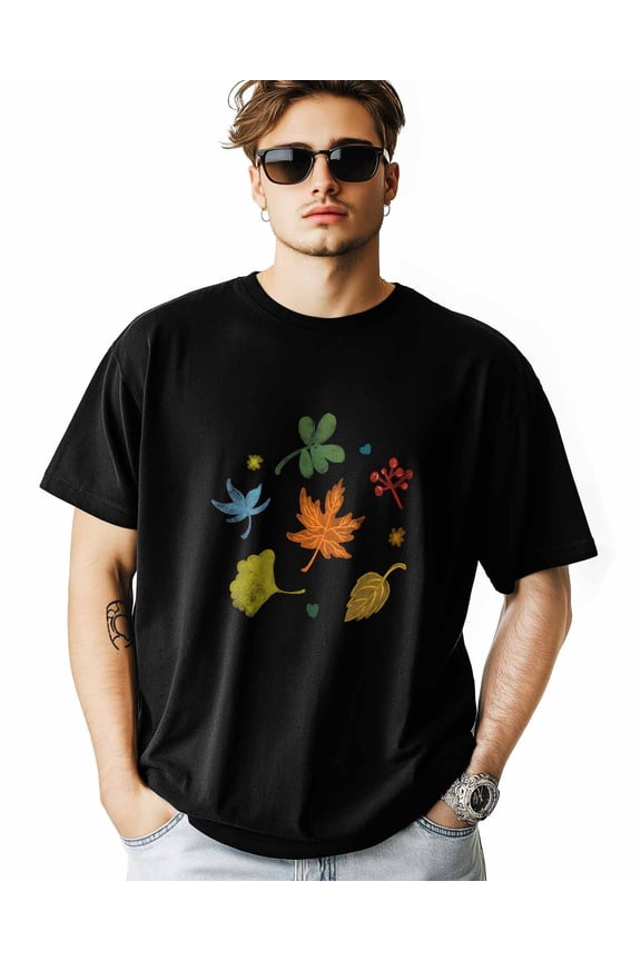 Men's T Shirts, Rustic Orange Maple Oak Gingko Leaf T-Shirt for Men Crew Neck Tees Cotton Tops, Black, XS