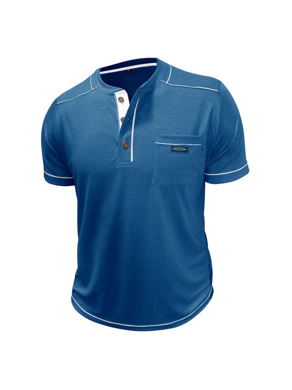 Men's T Shirts Short Sleeve Crew Neck Henley Shirts Lightweight Blue Tshirt with Button Men Clothing
