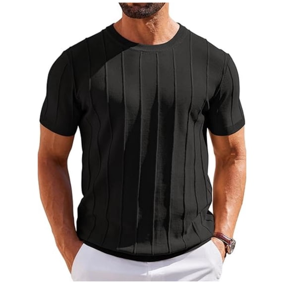 Men's T-Shirts Short Sleeve Crewneck Knit Shirts Summer Ribbed Textured Tee Shirts Black XL